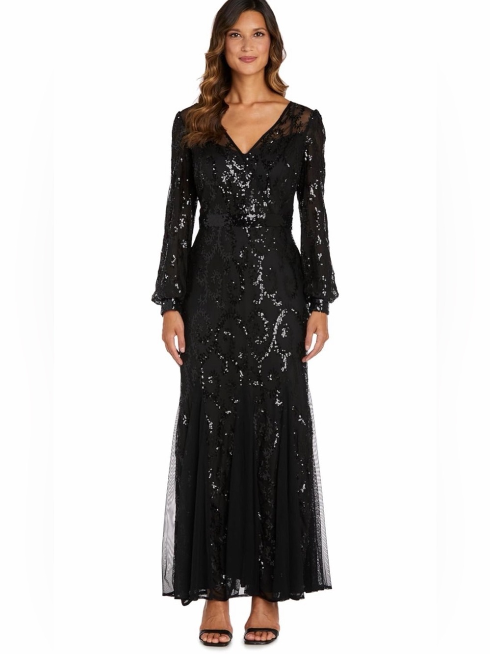 NWT R&M Richards Black Long Sleeve Sequin Gown Formal, 6P